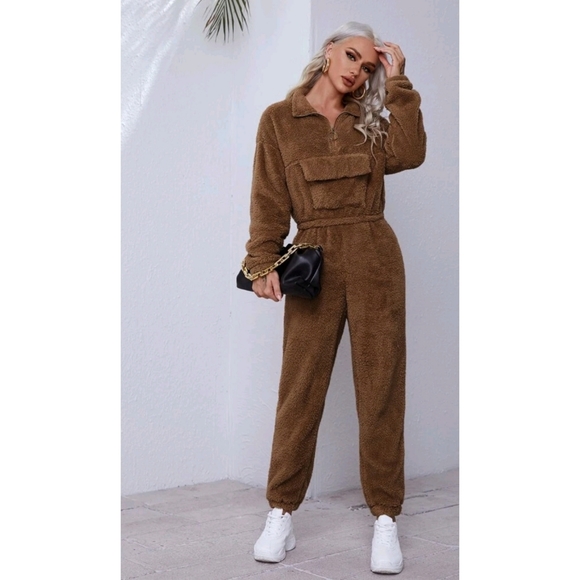 Drop shoulder half zipper placket teddy pullover & pants set ☕ - Picture 4 of 7
